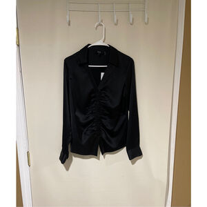 NWT Women's Theory Black Ruched Soft Satin Button Down Shirt Size Medium